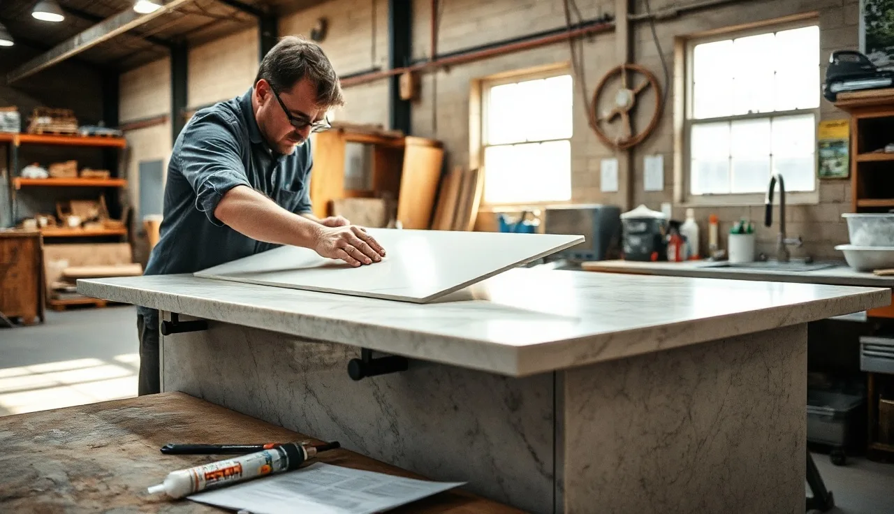 Fabricator placing a thin quartz overlay slab onto a kitchen countertop