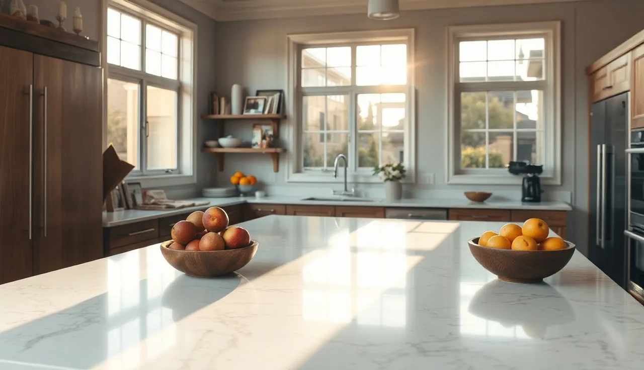 White veined quartz kitchen island countertop in sunlit modern kitchen