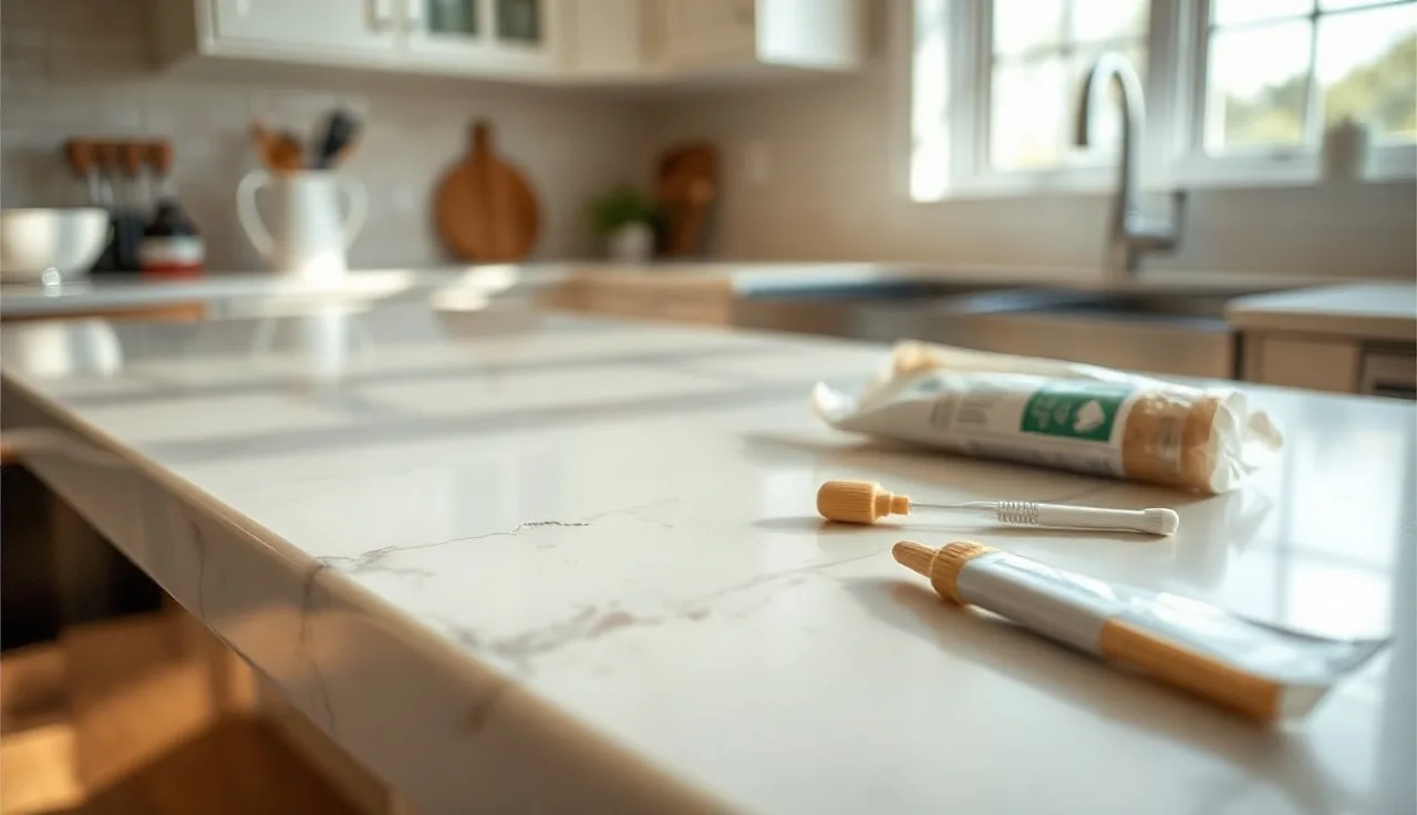 Close-up of a chipped white quartz countertop corner with repair kit nearby