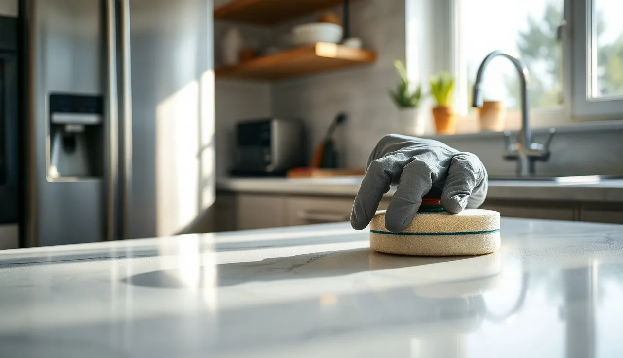Craftsperson polishing a white quartz countertop surface with a buffing pad