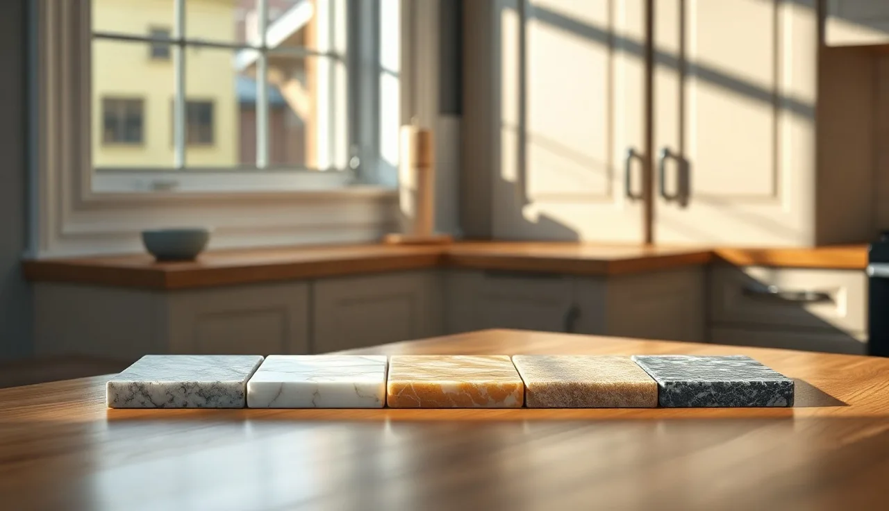 Six quartz countertop sample chips arranged near a kitchen window in morning light