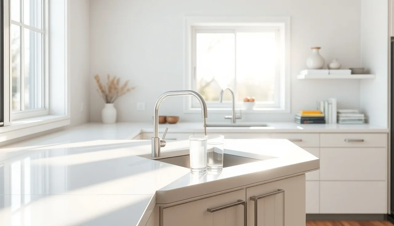 White quartz kitchen countertop in afternoon sunlight with water glass on surface