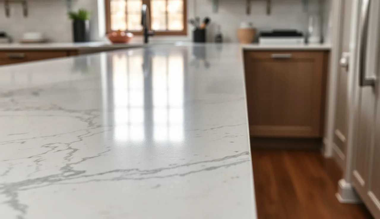 Close-up of a 3cm quartz countertop edge on a kitchen island showing slab thickness
