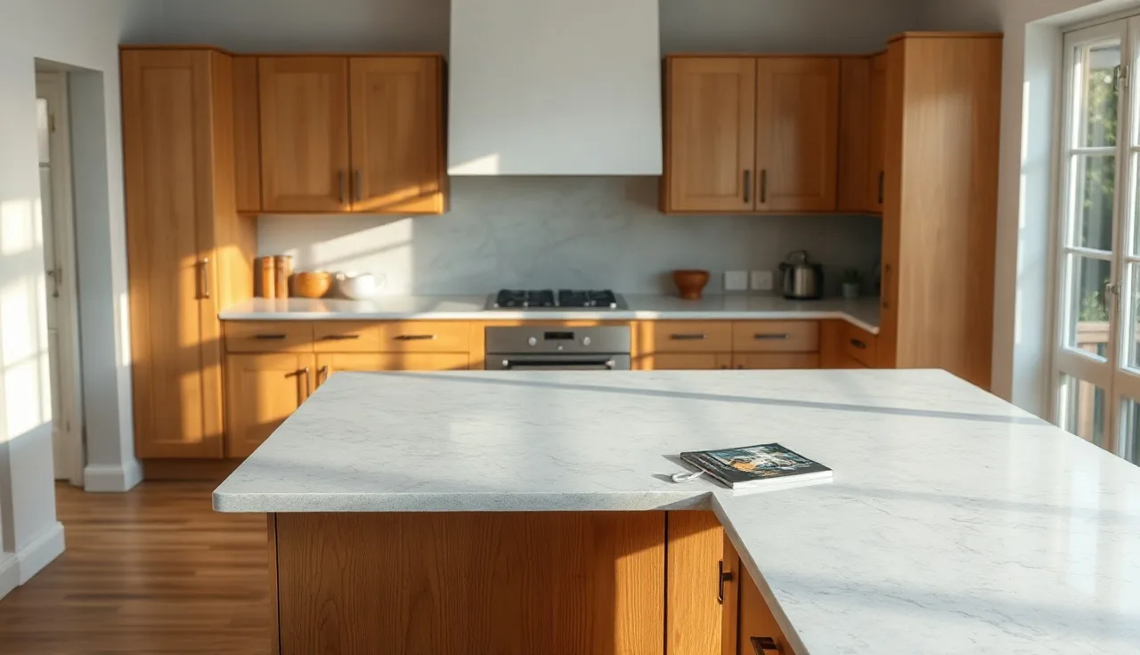Light grey quartz countertop on a kitchen island in morning window light