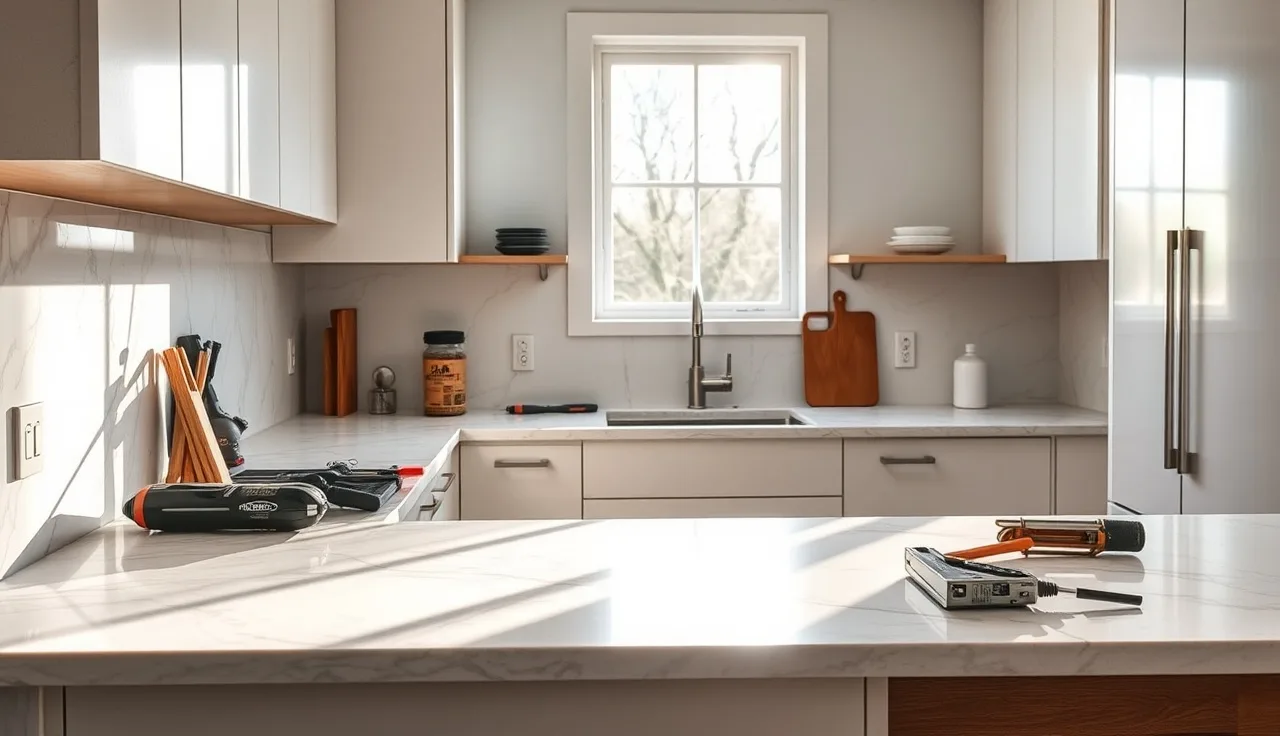 Newly installed quartz countertops in a sunlit kitchen with fabrication tools nearby