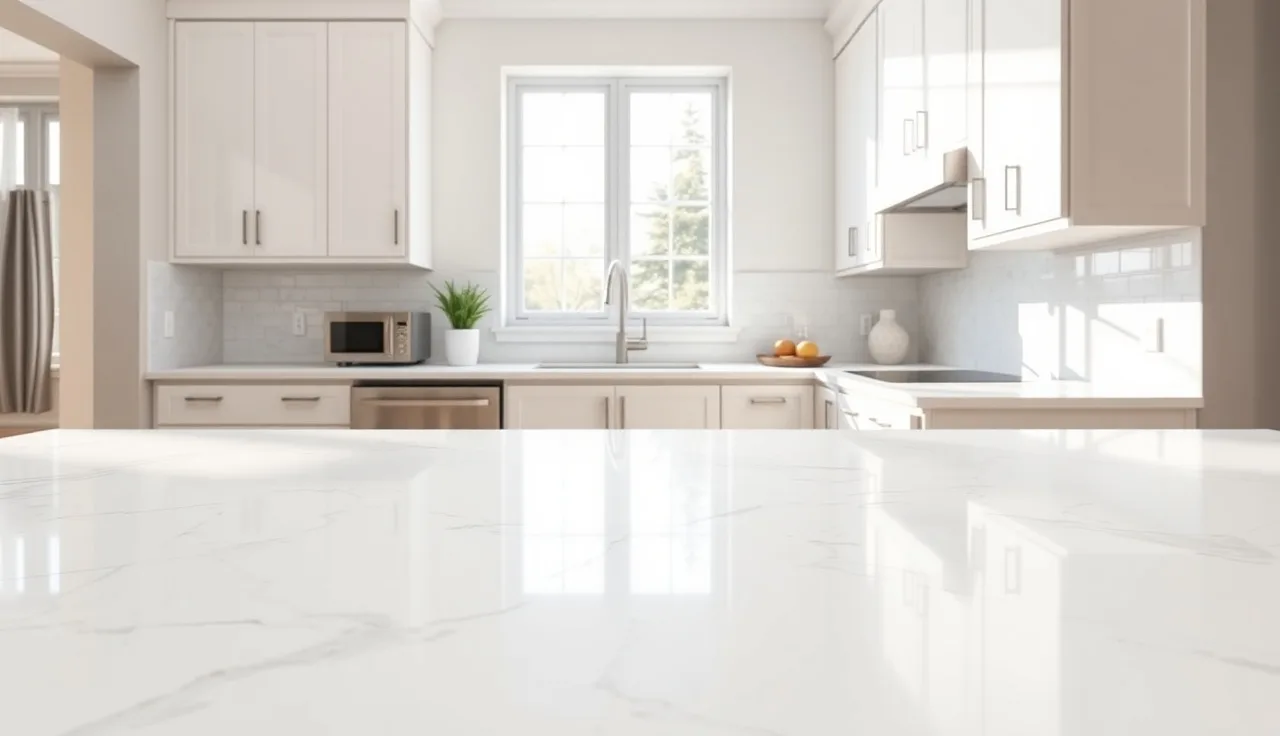 White quartz countertop with gray veining installed in a modern kitchen with morning light