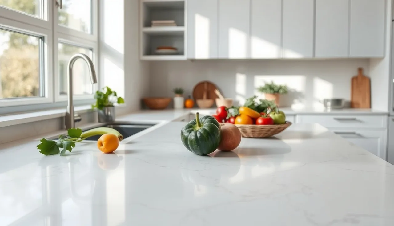 Wide white quartz kitchen countertop with soft gray veining in a modern kitchen