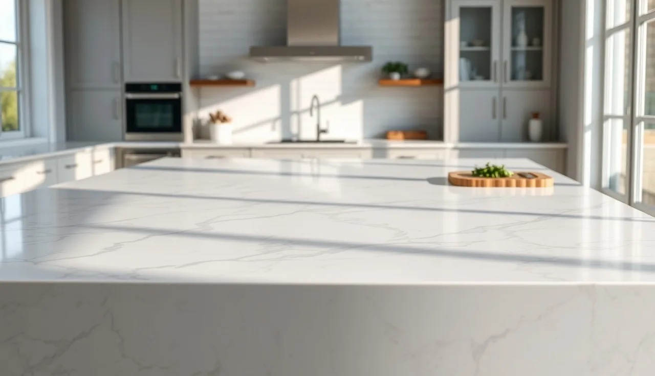 White quartz countertop with gray veining on a kitchen island in morning light