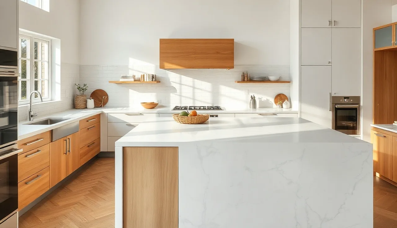 White kitchen island with marble-look quartz countertop under morning window light