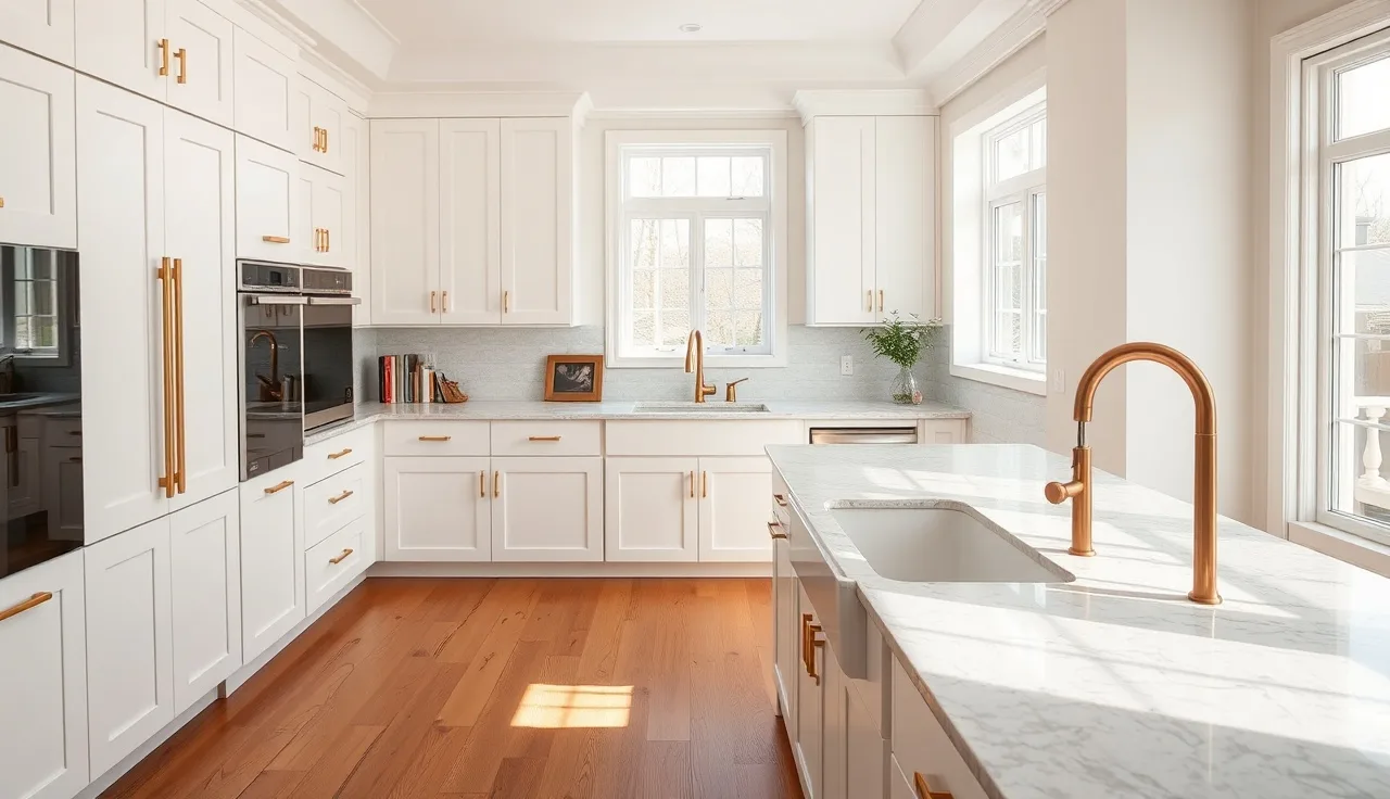 Bright white kitchen with grey-veined quartz countertop on a large island
