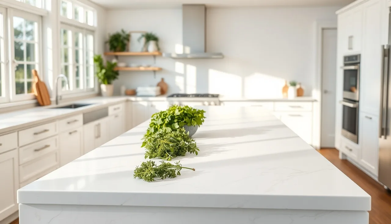 White quartz island countertop in a bright modern kitchen with natural light