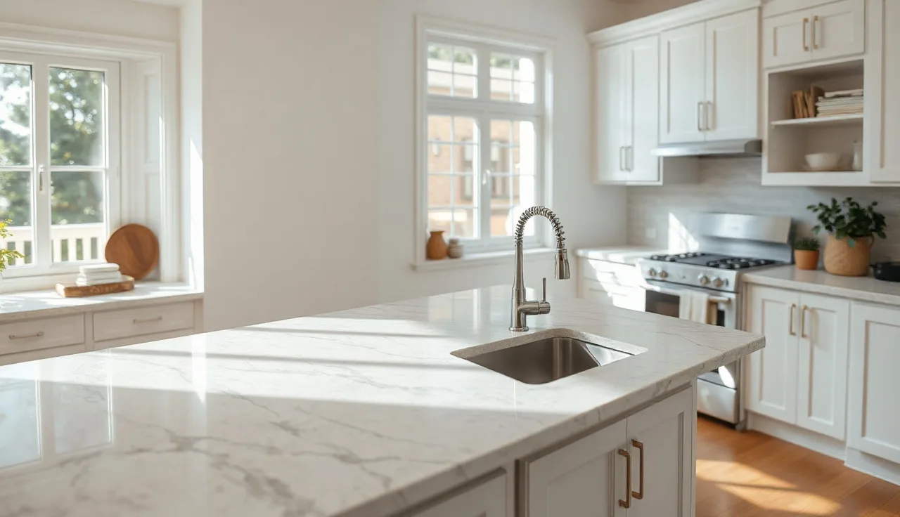 Wide quartz kitchen island with gray veining and undermount sink in bright kitchen