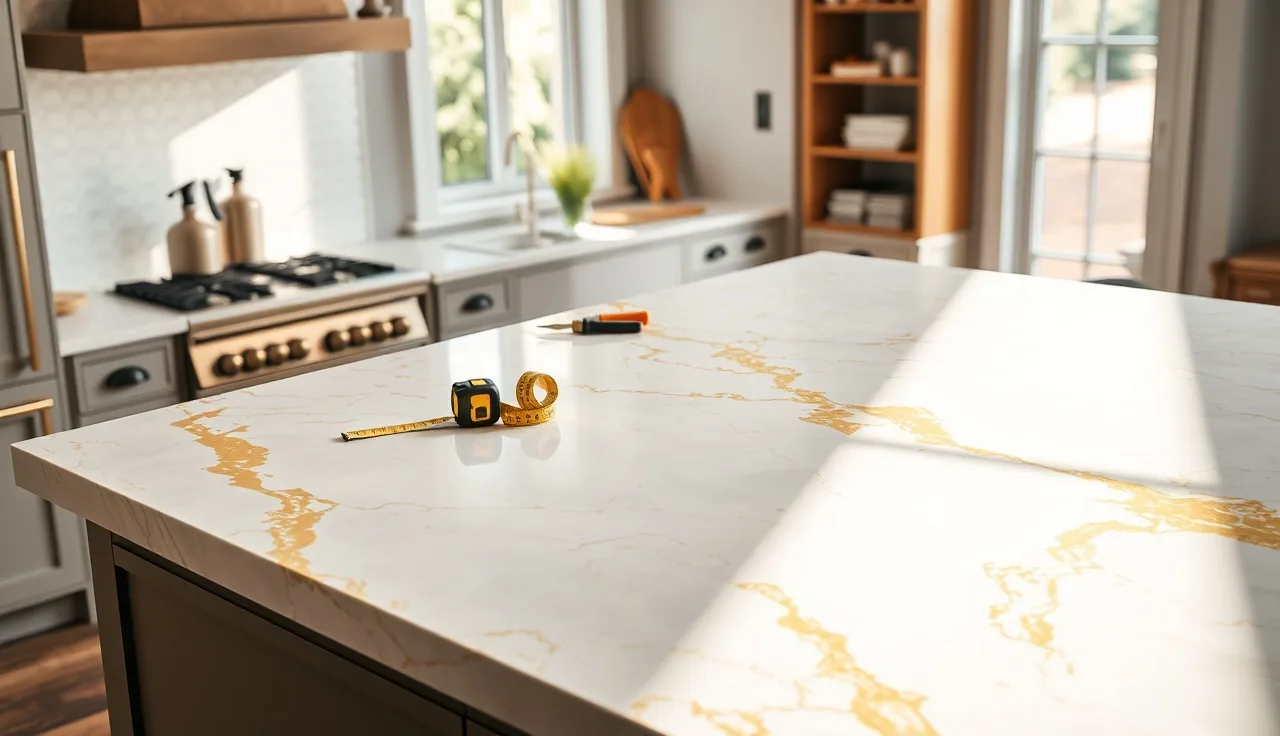 White and gold quartzite countertop slab in a sunlit kitchen with fabrication tools