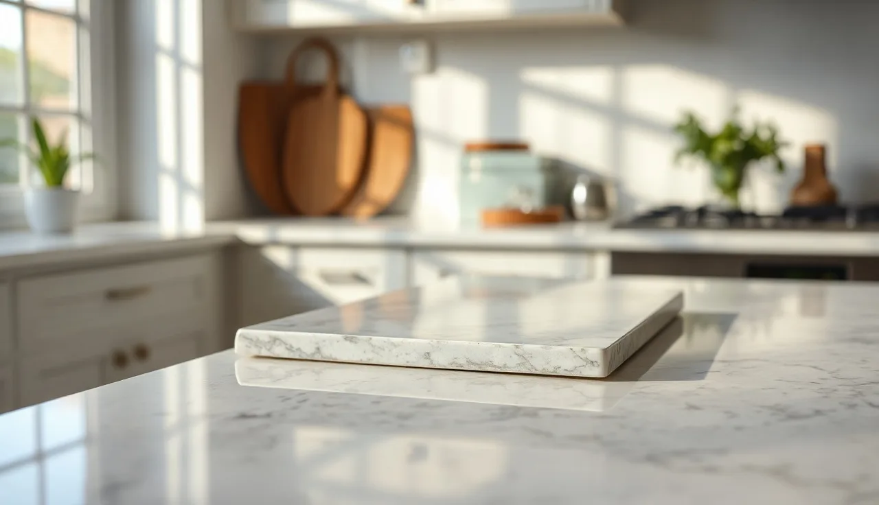 Polished quartzite countertop edge profile samples displayed on a kitchen counter surface
