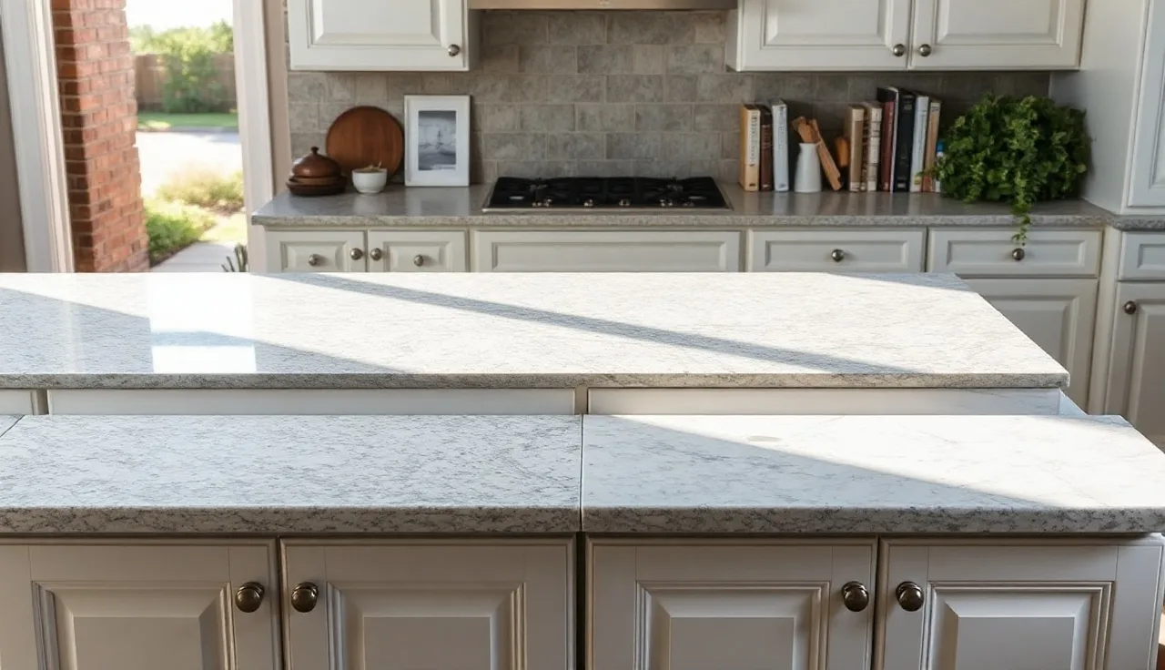 Granite and quartzite countertop slabs side by side in a bright kitchen