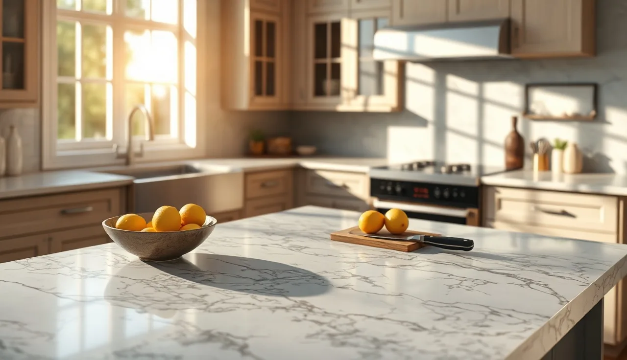 White quartzite kitchen island countertop with gray veining in afternoon light