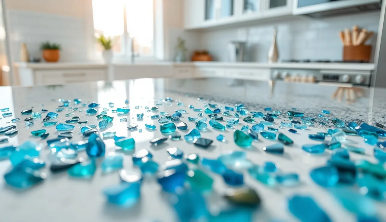 Close-up of a polished recycled glass countertop with blue and green glass chips