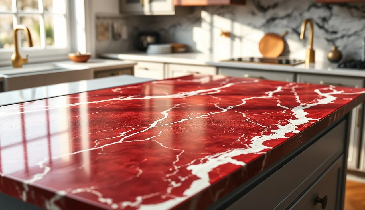 Polished red marble countertop with white veining on a kitchen island