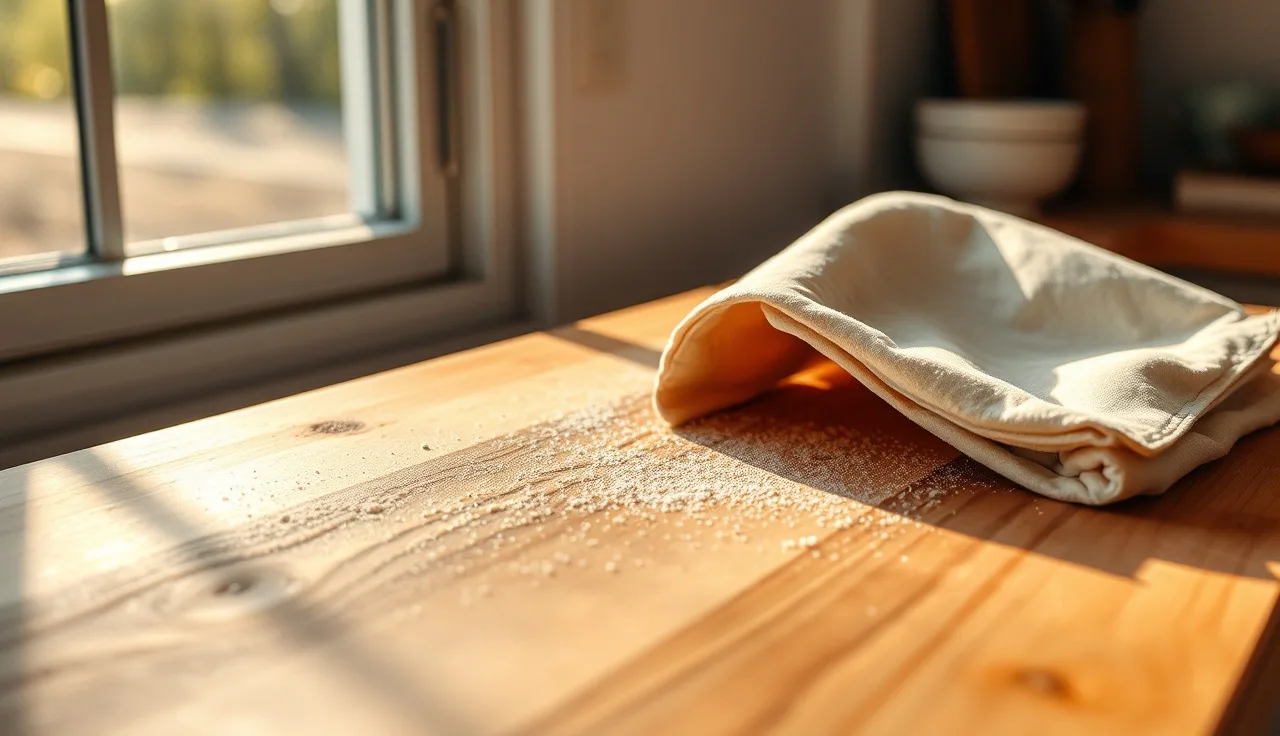 Hand sanding a worn maple butcher block countertop during refinishing near a kitchen window