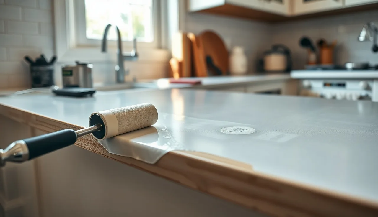 Foam roller applying epoxy coating to a worn kitchen countertop during refinishing
