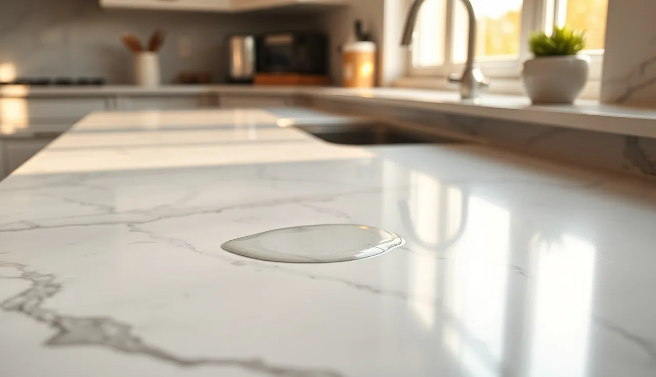 Water beading on a sealed white marble countertop in a kitchen
