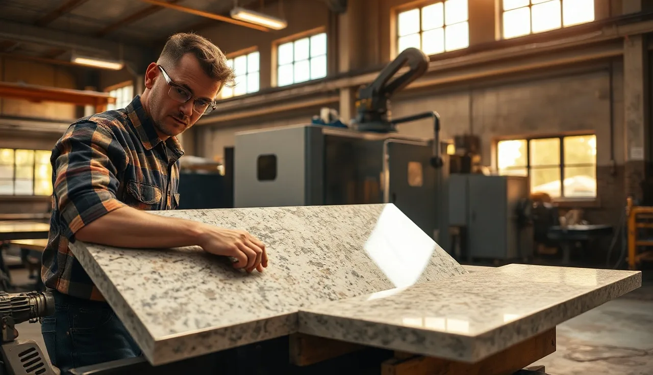 Fabricator guiding a large granite slab through a CNC waterjet cutter in a stone shop