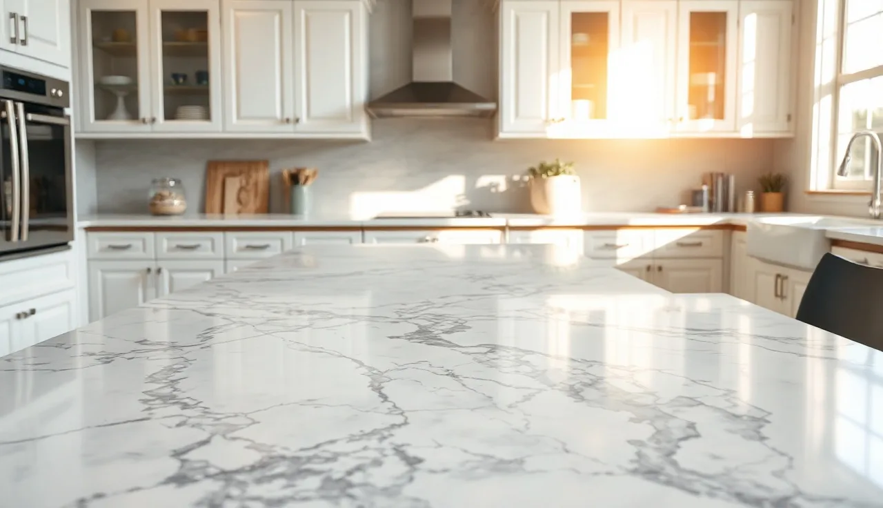 Polished river white granite kitchen island countertop with flowing dark gray veins