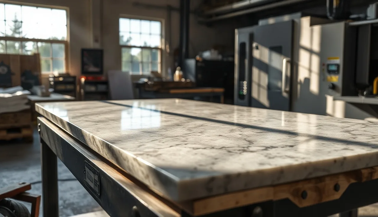 Polished granite slab on fabrication shop work table with CNC machine in background