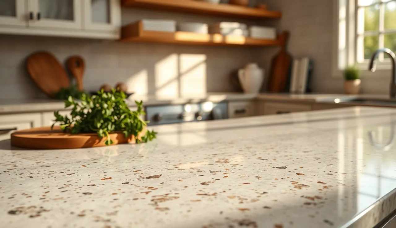 Polished Santa Cecilia light granite countertop with cream and burgundy garnet crystals in a kitchen