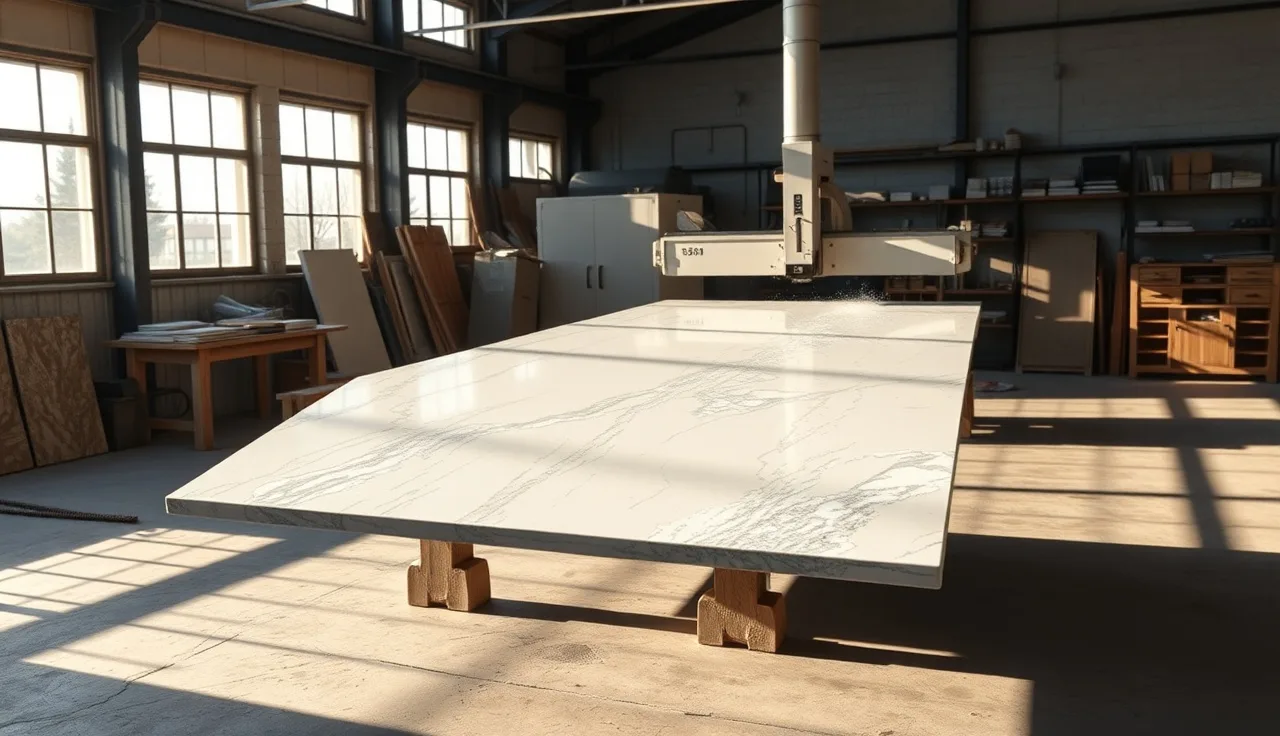 Polished granite slab on a CNC bridge saw in a Santa Clara stone fabrication shop