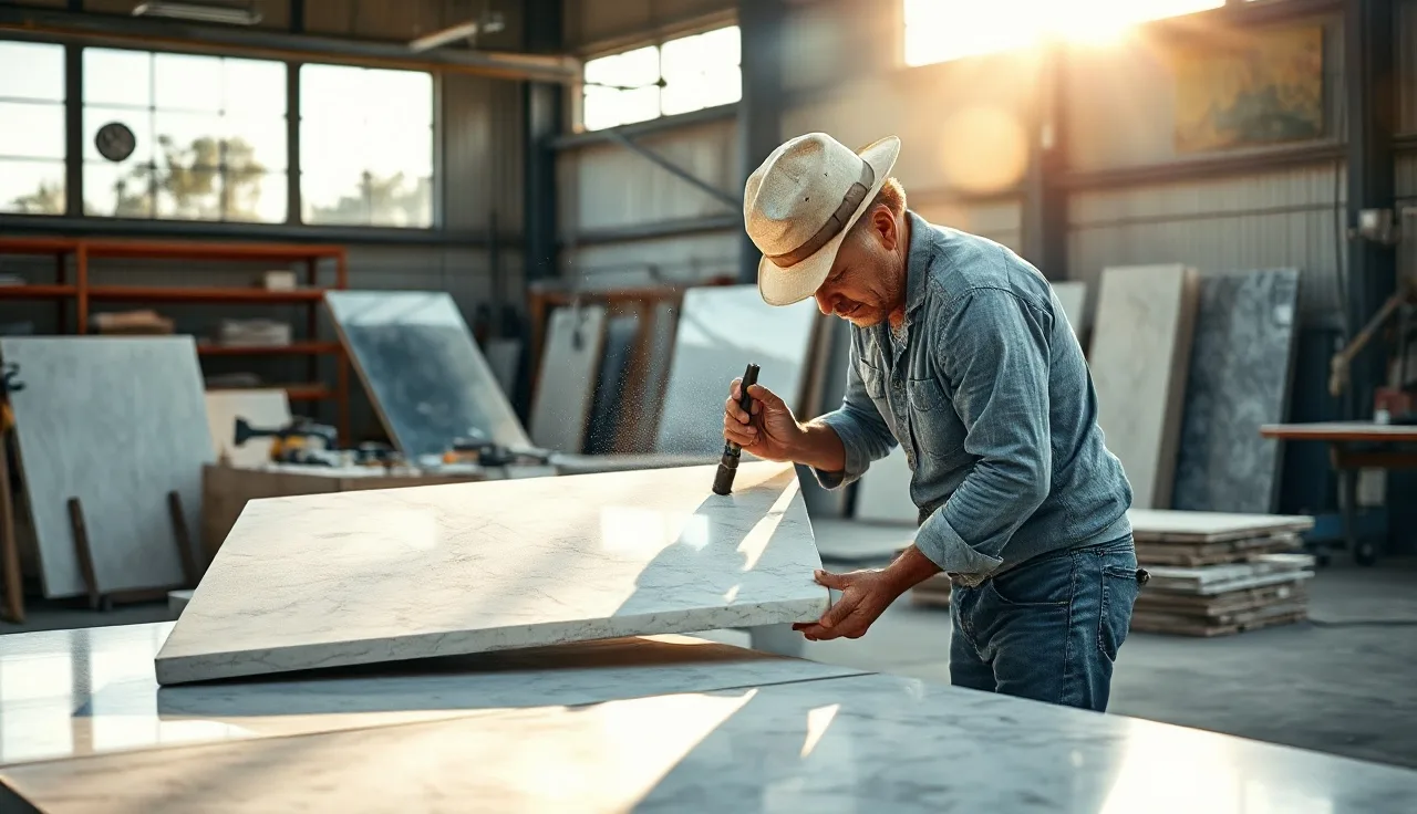 Stone fabricator inspecting a polished marble slab on a workshop cutting table