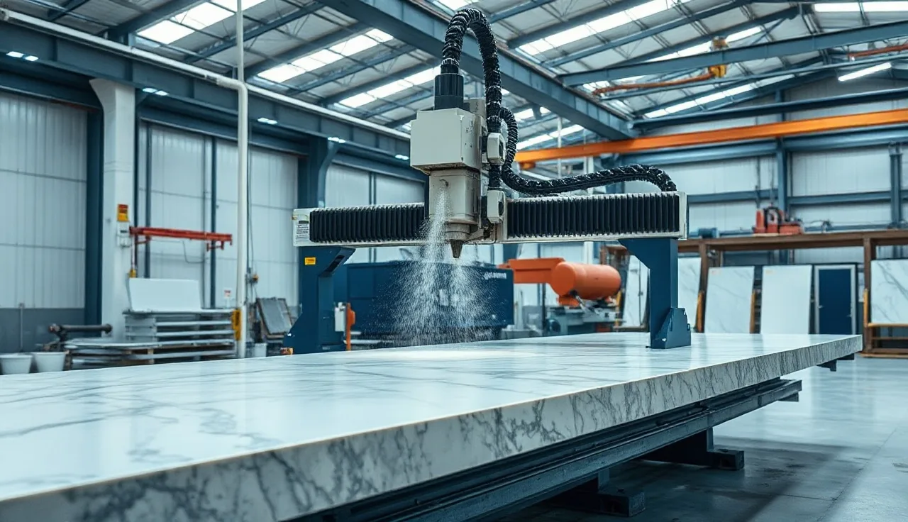 CNC sawjet cutting a granite slab in a stone fabrication shop