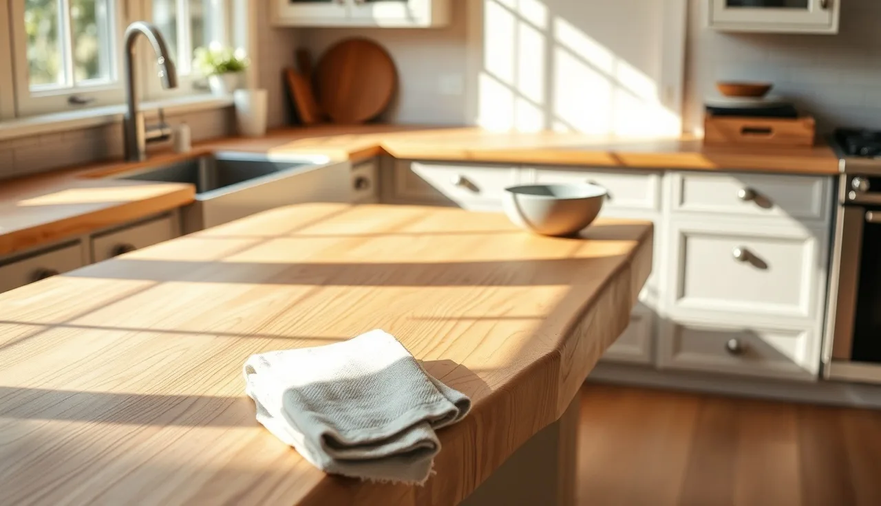 Sealed maple butcher block countertop with raking afternoon light across wood grain