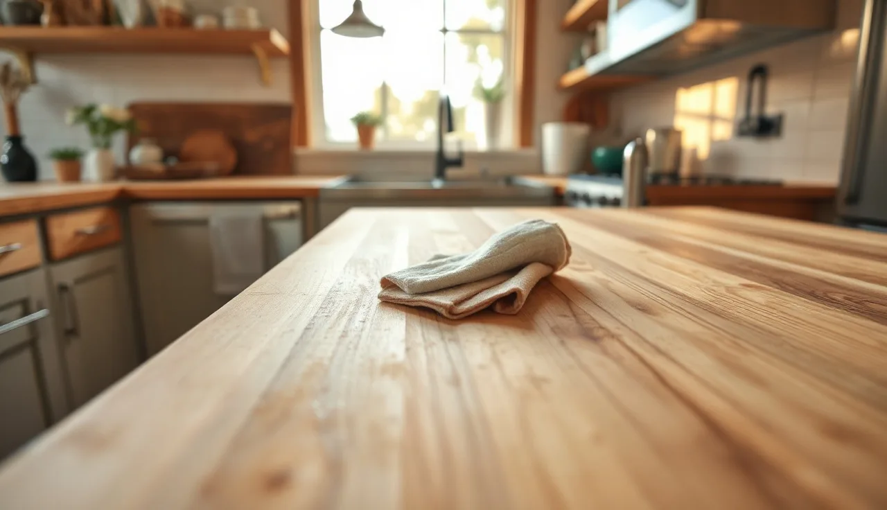 Hands rubbing mineral oil into a maple butcher block countertop in a kitchen