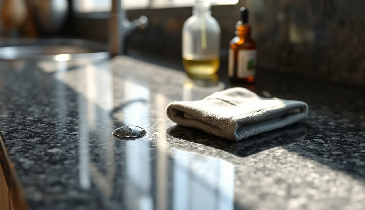 Water bead on polished dark granite countertop with sealer bottle nearby