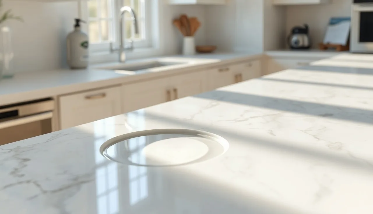 Water beading on a sealed white marble countertop in a kitchen
