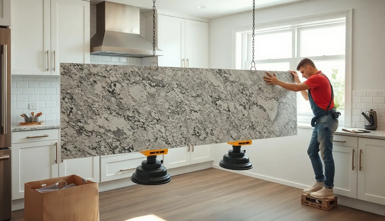 Two installers setting a granite countertop slab onto kitchen cabinets using suction lifters