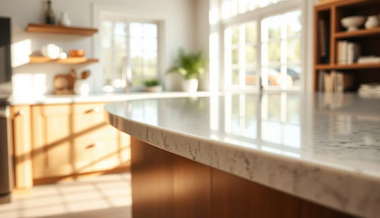 Close-up of a polished white quartz countertop edge profile in a modern kitchen