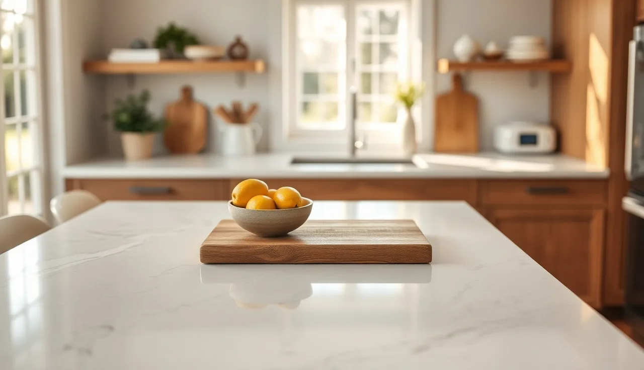 White veined Silestone quartz kitchen countertop in afternoon light with lemons