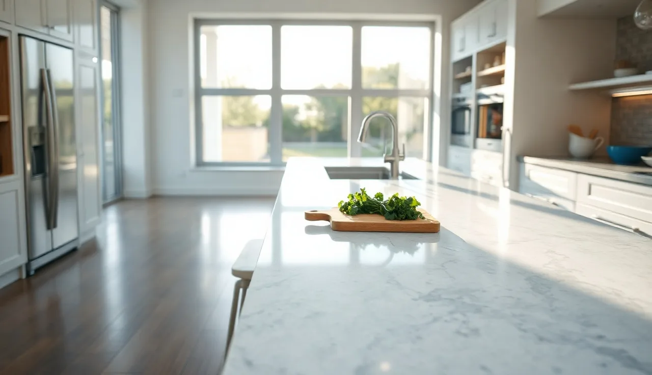 White kitchen island with light gray Silestone quartz countertop in morning sunlight