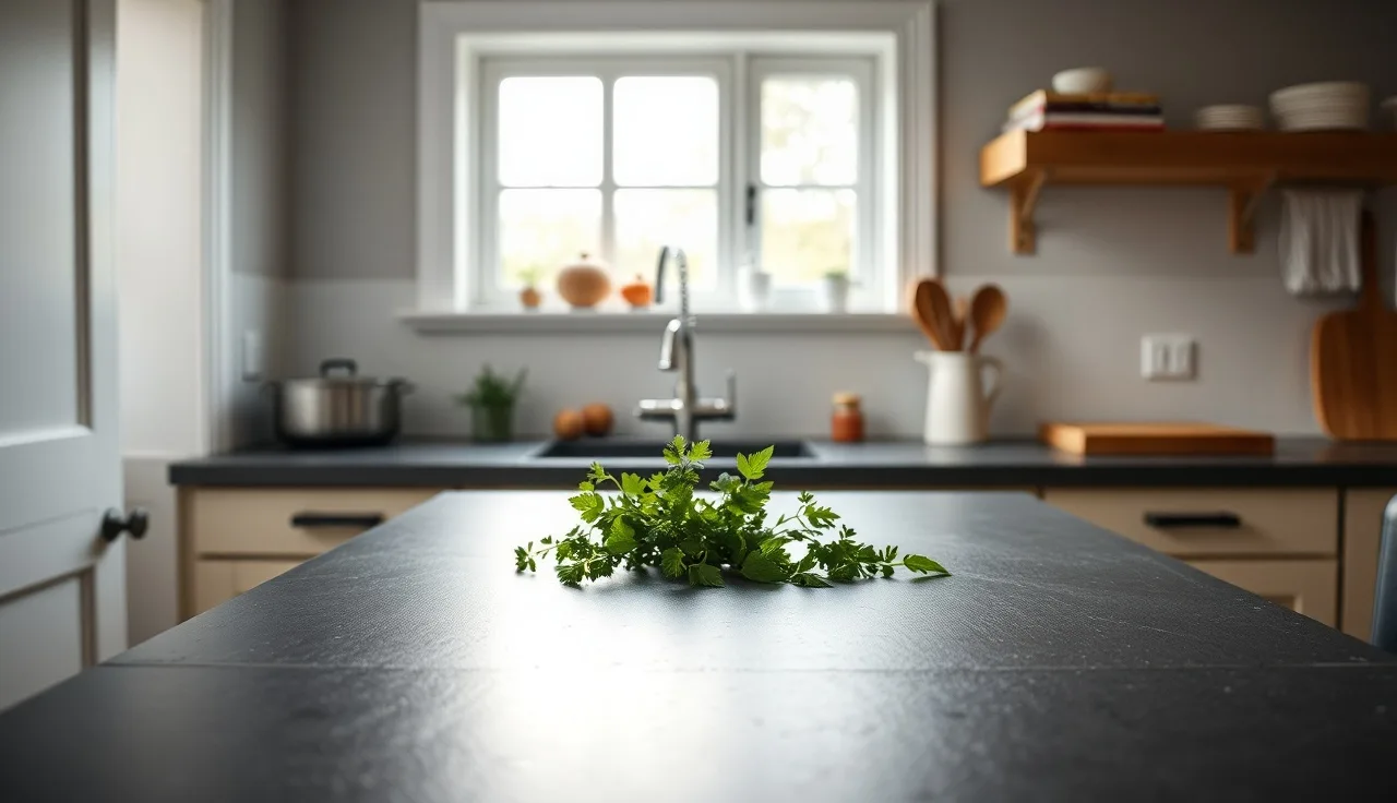 Dark gray soapstone kitchen countertop with morning light and fresh herbs