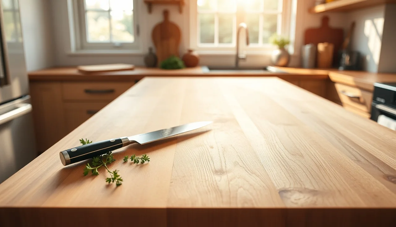 Solid maple butcher block kitchen island with chef's knife and fresh herbs in afternoon light