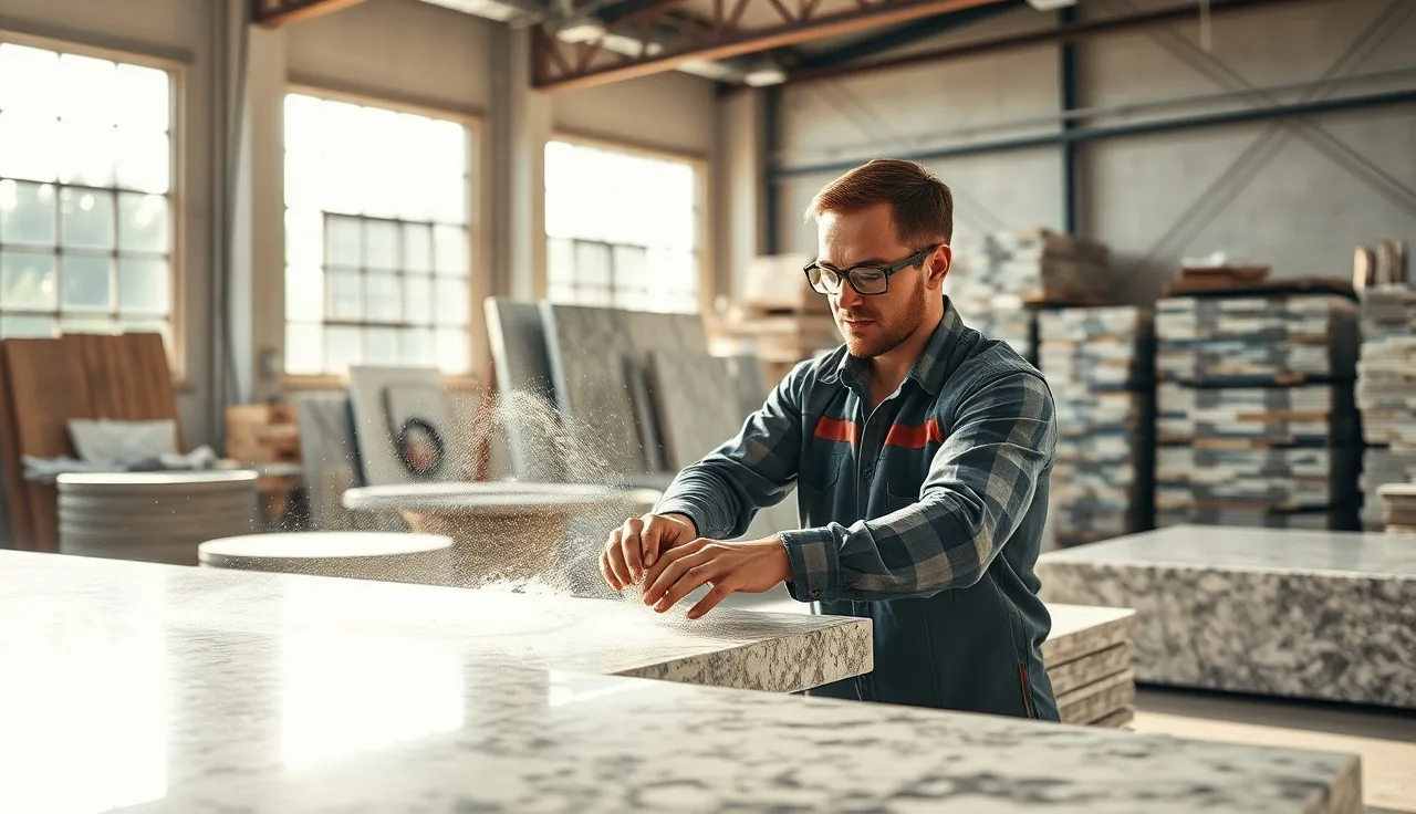 Worker cutting a granite slab on a bridge saw inside a stone fabrication shop