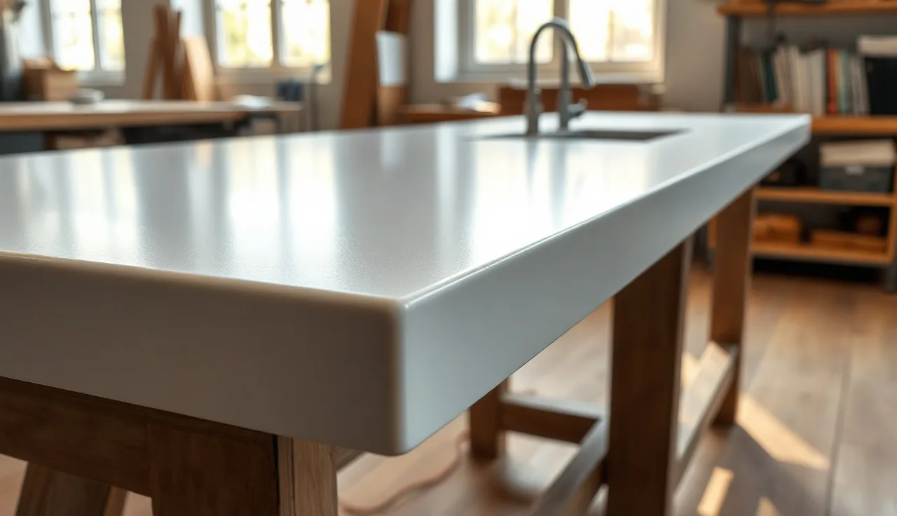 Multiple solid surface countertop edge profile samples on a fabrication shop workbench