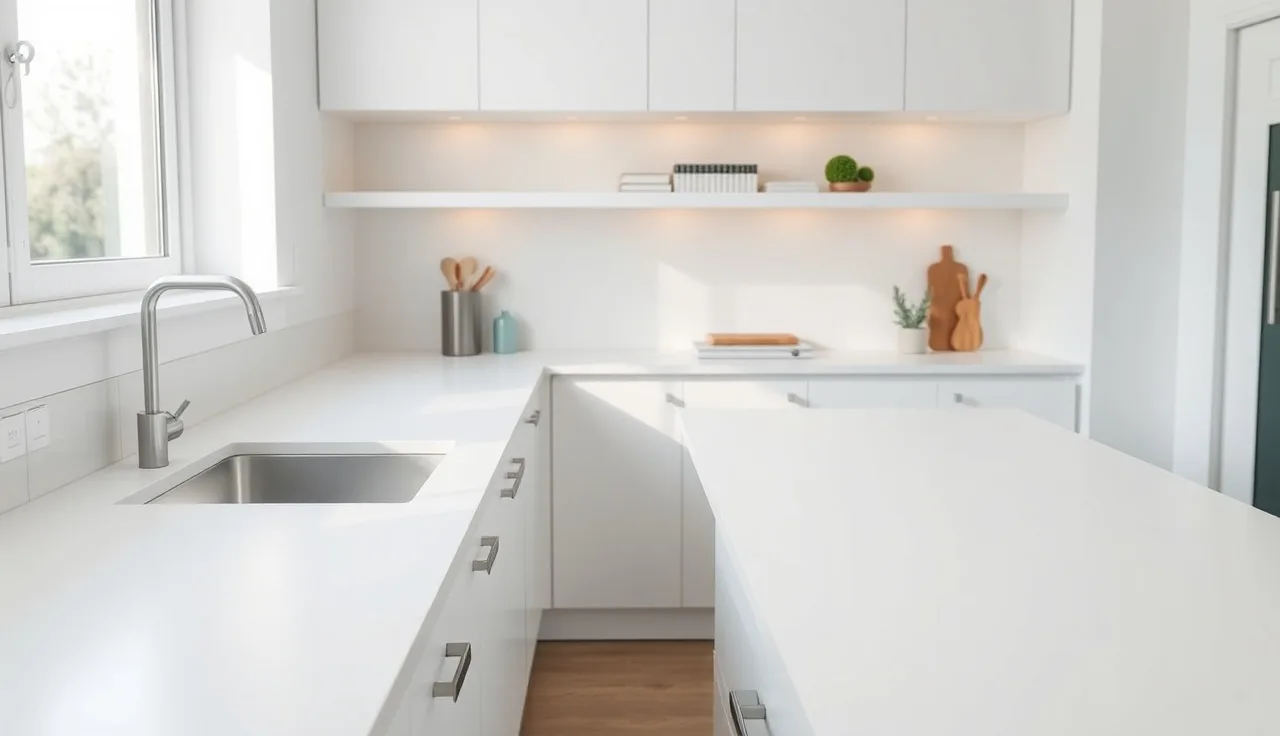 Matte white solid surface kitchen countertop with integrated sink in morning light