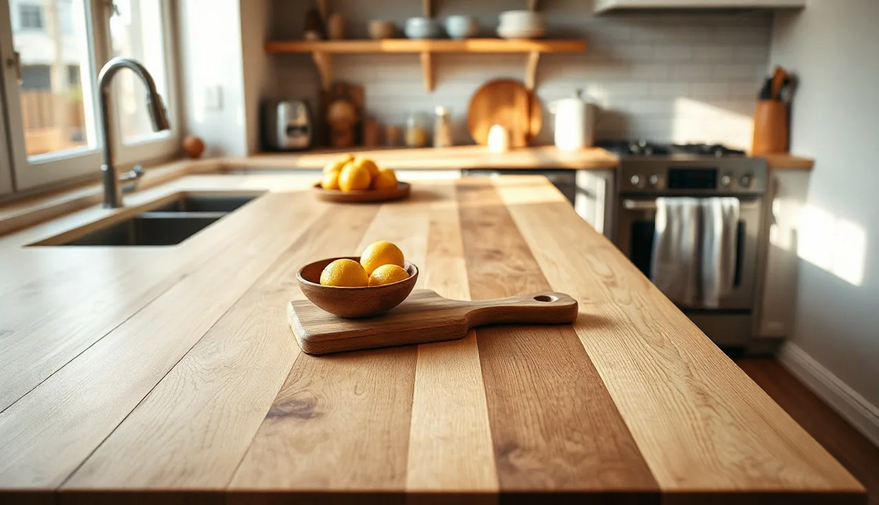 Oiled edge-grain maple butcher block countertop with cutting board and lemons in kitchen