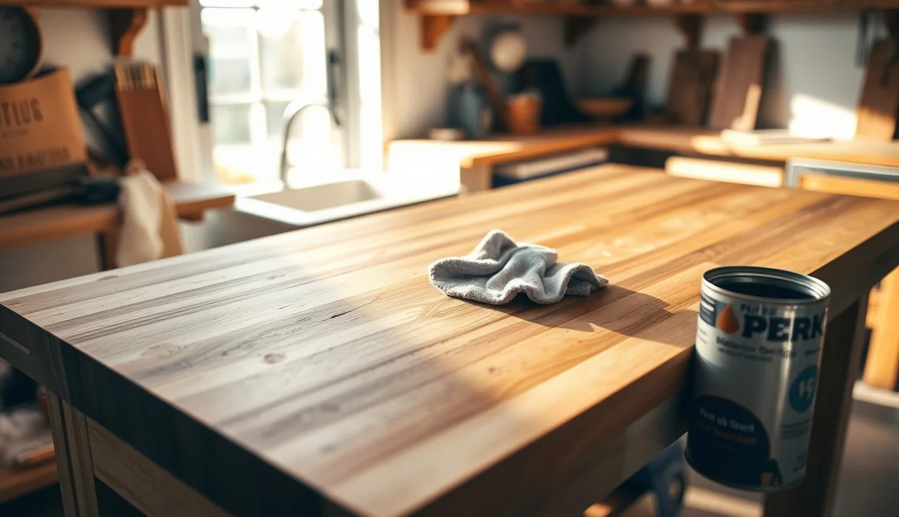 Maple butcher block countertop being stained dark in a sunlit kitchen workshop