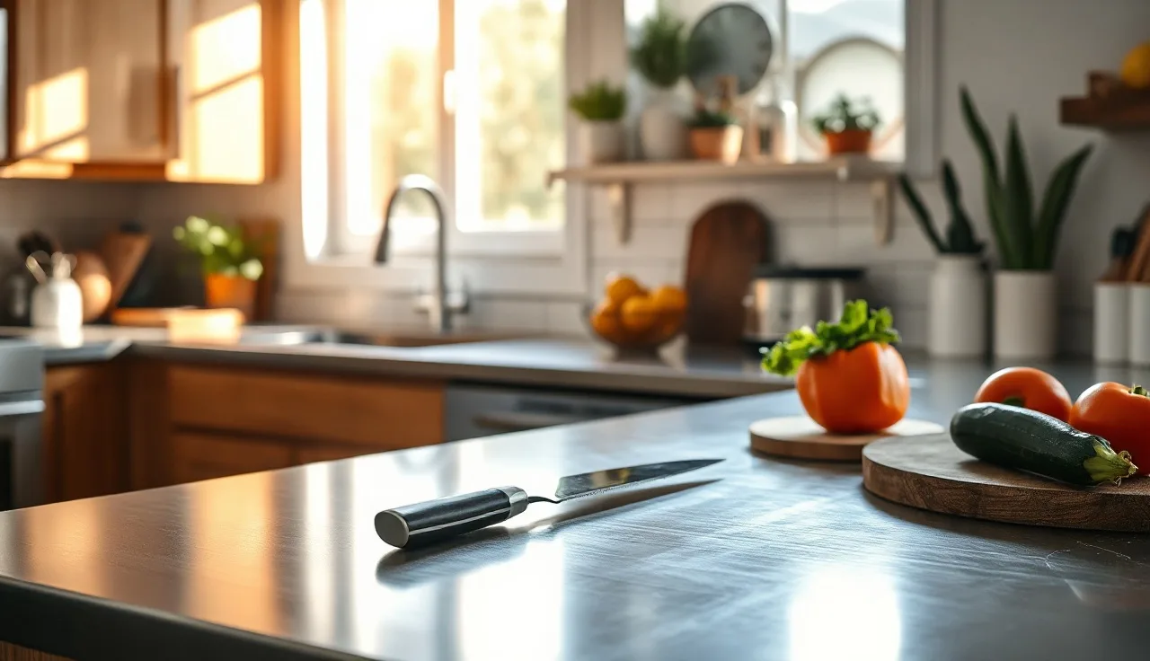 Brushed stainless steel countertop with knife and vegetables in a modern kitchen