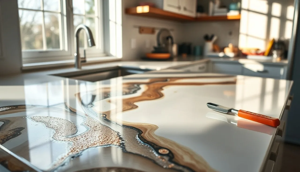 Metallic epoxy being poured and swirled on a kitchen countertop surface
