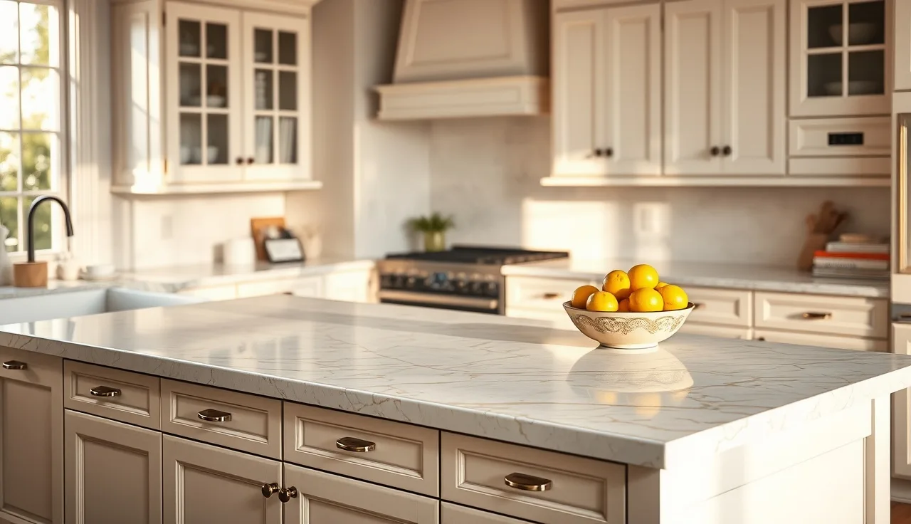 White and gold veined quartz kitchen island countertop in morning light